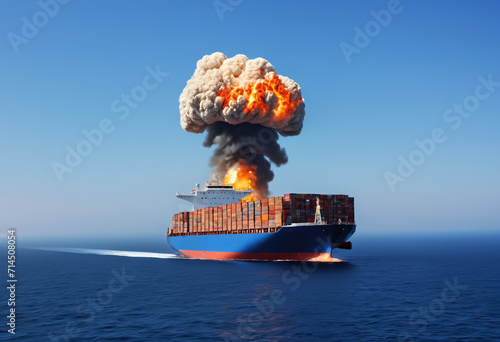 Explosion on large cargo ship. Generative AI
