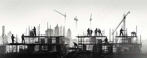 Flat illustration with silhouettes of builders, cranes and construction sites on a white background. Banner. The concept of new construction.