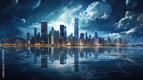 A futuristic cityscape at night with a view of the skyline and reflections in the water