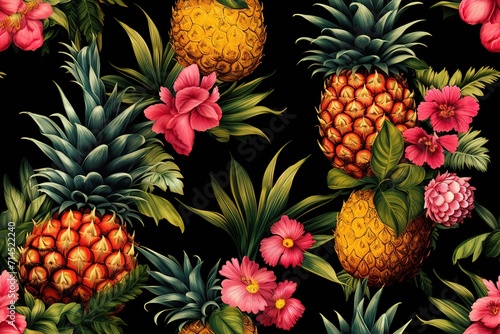 Seamless pattern with hand-drawn watercolor pineapples. Generative AI