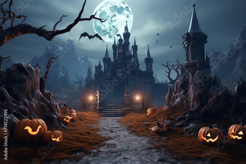 Haunted castle, pumpkins, and bats in a Halloween background