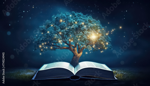The tree of knowledge shines with lights, growing out of a book