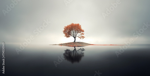 Autumn tree on the lake with fog. 3d render illustration, tree on the lake