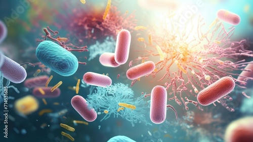 Probiotics Bacteria in Biological Science: Microscopic Medicine for Digestion, Stomach Health, Escherichia Coli Treatment, AI Generated