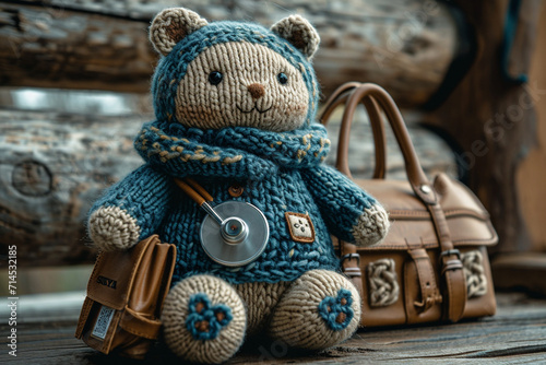 A depiction of a knitted doctor, with a stethoscope and a small doctorвАЩs bag.