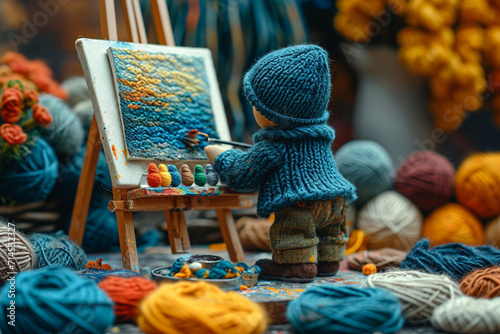 An artistic portrayal of a knitted artist, with a tiny easel and a palette of colorful yarns.