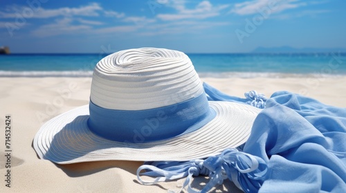Blue beach towel accompanied by a hat, symbolizing summer relaxation, Ai Generated