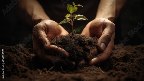 Caring human hands nurture a seedling in the soil, Ai Generated.