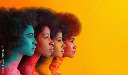 Profiles of multiracial women in vibrant colors symbolizing empowerment and diversity, suitable for Woman's Day and Women's History Month.