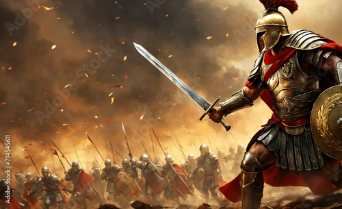 Roman male legionary (legionaries) wear helmet with crest, long sword and scutum shield, heavy infantryman, realistic soldier of the army of the Roman Empire, on Rome background. Warrior Gladiator