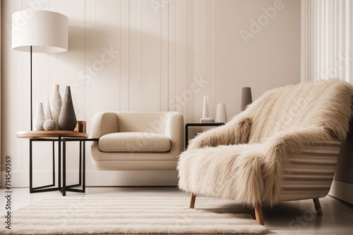 Interior home design of modern living room with fur armchairs and rustic wooden furniture with room copy space