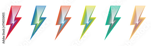  3d gradient Lightning bolt icon , set of 6 Thunderbolts icons, 3d lightning strike isolated on white background, vector illustration