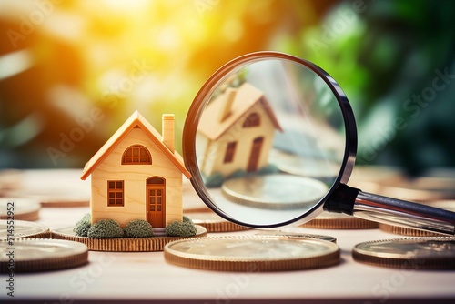 Searching for house lodging and property with magnifying glass. Hunt for new house or home real estate loan, mortgage, investments and housing development concept