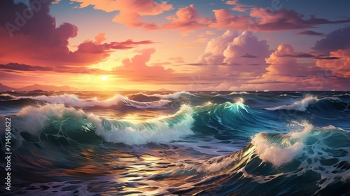 Some sea waves, breaking, their foam, their own colors, evening light on the sea.