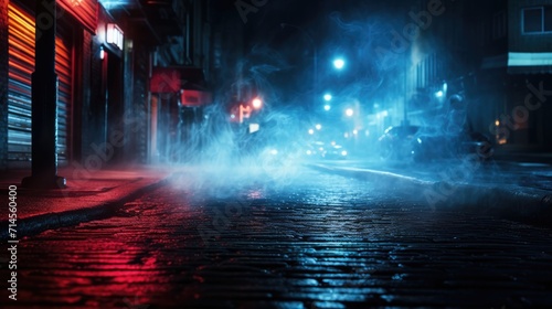 A moody, neon-illuminated city street featuring atmospheric smoke.