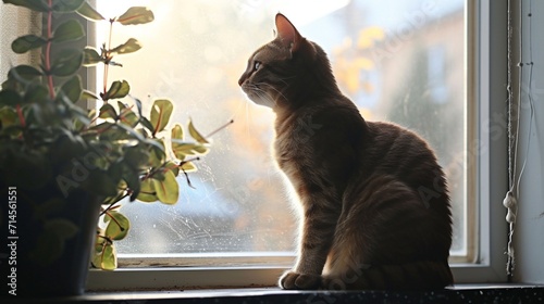 A cat gracefully perched on a windowsill, photographed from a low angle, capturing the silhouette against the backdrop of the outside world, showcasing the innate feline elegance. 