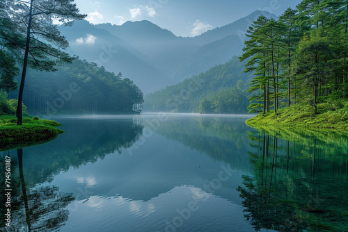 Pine tree forest and lake in the morning at Pang Ung, Mae Hong Son, Thailand