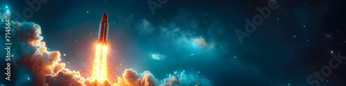Rocket flies on the background of the starry sky in universe. Cosmonautics day concept. Space technology and astronomy. Free space for text, copy space. Banner.
