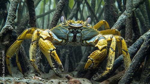 A crab camouflaged among mangrove roots, photographed from a low angle, illustrating the adaptability and stealth of these crustaceans in their coastal habitats. 