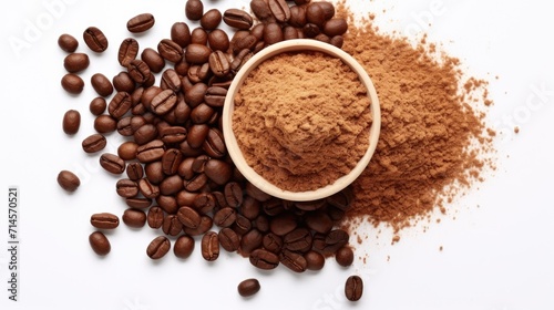 Concept of coffee powder beauty cosmetic, coffee for the skin. Composition of coffee powder and coffee beans on white background. New trend, sustainable cosmetic skincare with caffeine