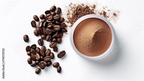 Concept of coffee powder beauty cosmetic, coffee for the skin. Composition of coffee powder and coffee beans on white background. New trend, sustainable cosmetic skincare with caffeine