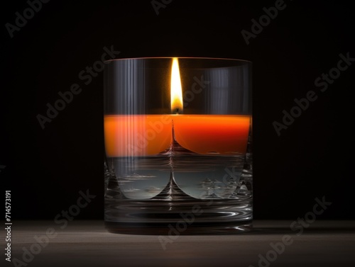  a close up of a candle in a glass of water on a table with a reflection of the candle in the glass and the candle in the middle of the glass.