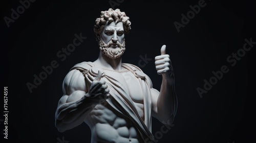 white statue of Greek philosopher Roman Emperor with thumbs up pose.