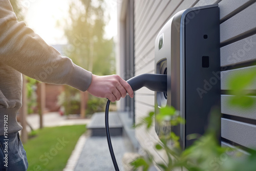 man's hand takes a charger on the wall box of a residential building to charge an electric car