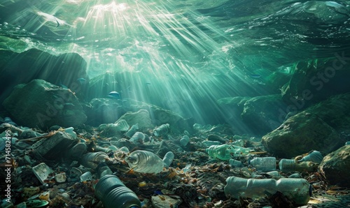 An underwater scene showcasing the impact of improved recycling practices on reducing plastic pollution in the ocean. Generative AI.