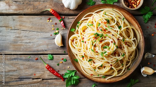  a plate of spaghetti on a wooden table with garlic, parsley, pepper, and parsley on the side of the plate is a garlic, pepper, pepper, pepper, parsley, pepper, and parsley, and parsley.