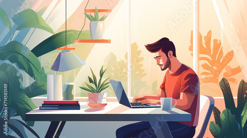 a vector flat style illustration depicting a man working or studying on a laptop at home, showcasing a cozy home workspace with a mix of home and coworking space elements