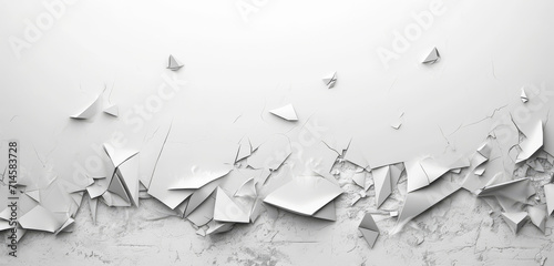 Abstract geometric explosion of 3D polygons on a white background.