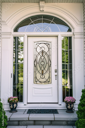 White front door with glass insert, sidelights and semicircular transom