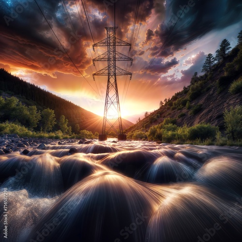 Power line on the background of a mountain river at sunset. 3d rendering