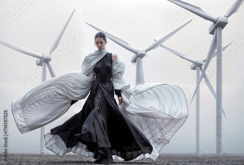 Beautiful woman in long black dress with wind turbines in the background