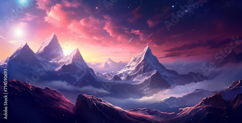 Fantasy landscape with mountains, lake and moon. Vector illustration.Fantasy alien planet. Mountain and lake. 3D illustration.Fantasy alien planet. Mountain and sky. 3D illustration.