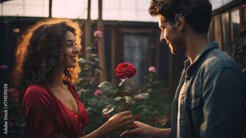  A lover expresses his love by giving a rose to his girlfriend, Valentine's Day,