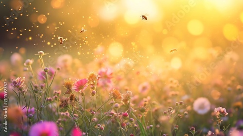 A field of flowers with honeybees busily collecting nectar, busy bees and blooming plants.