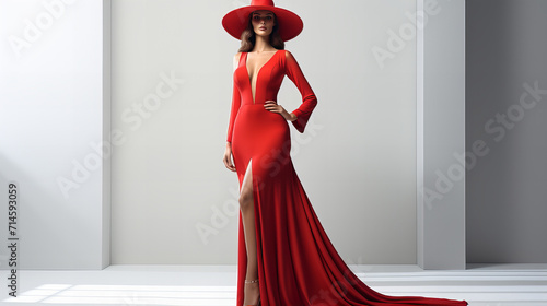 Woman in evening red long dress and hat, Beautiful Model in Evening Gown with Train over White Background, copy space, banner, website, Valentine day, International Women day, 8 March