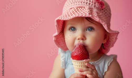 A cute baby eating a strawberry gelato