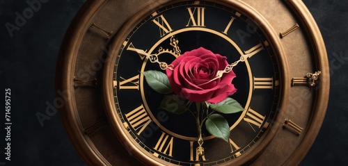  a close up of a rose on a clock with roman numerals and roman numerals on the face of the clock with roman numerals and roman numerals.