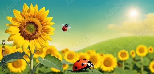  a picture of a sunflower and a ladybug in the middle of a field of sunflowers with a blue sky and sun in the back ground.