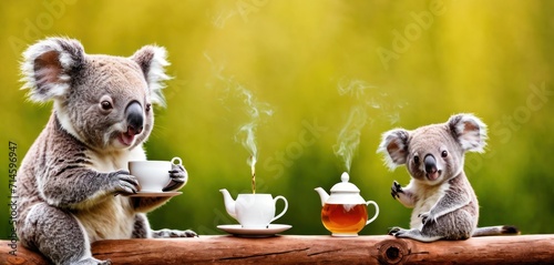  two koalas sitting at a table with a cup of tea and a teapot with steam coming out of them, with a teapot in the foreground.