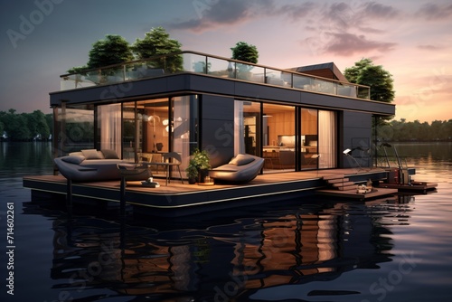 A boathouse floating in a river or lake