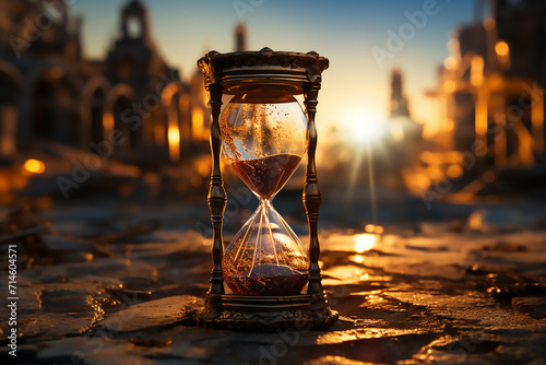 hourglass on a beach log with silhouette of Michigan lighthouse at sunset background