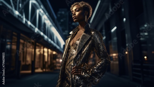 Urban Elegance: High Fashion Model in Avant-Garde Attire Against Cityscape