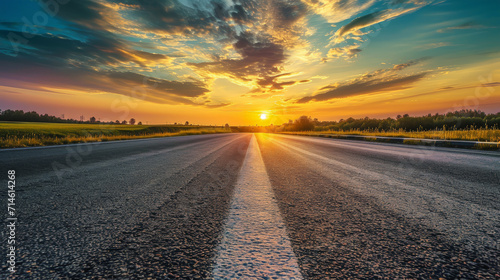 Empty asphalt road and beautiful sky at sunset. Generative AI