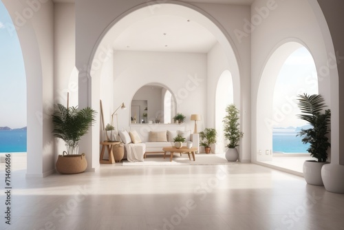 Interior home design of modern entrance hall with greek Island style and arched doorway with wooden decorations and houseplants