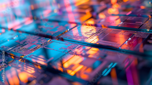 the mesmerizing, reflective surface of a silicon chip in a semiconductor production line. The image is a study in precision and detail, focusing on the mirror-like surface of the chip