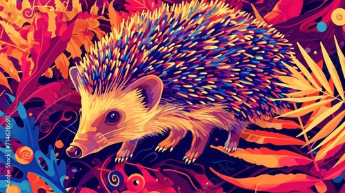 a painting of a porcupine on a colorful background with leaves and flowers in the foreground and an orange, yellow, blue, pink, purple, and yellow, and red background.